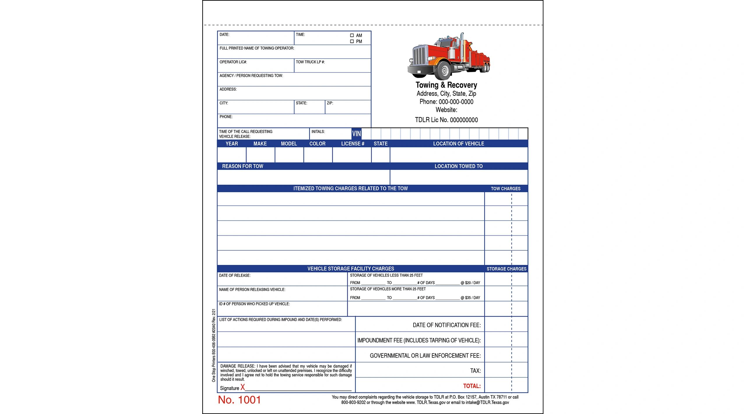 Texas Towing Ticket and Invoice