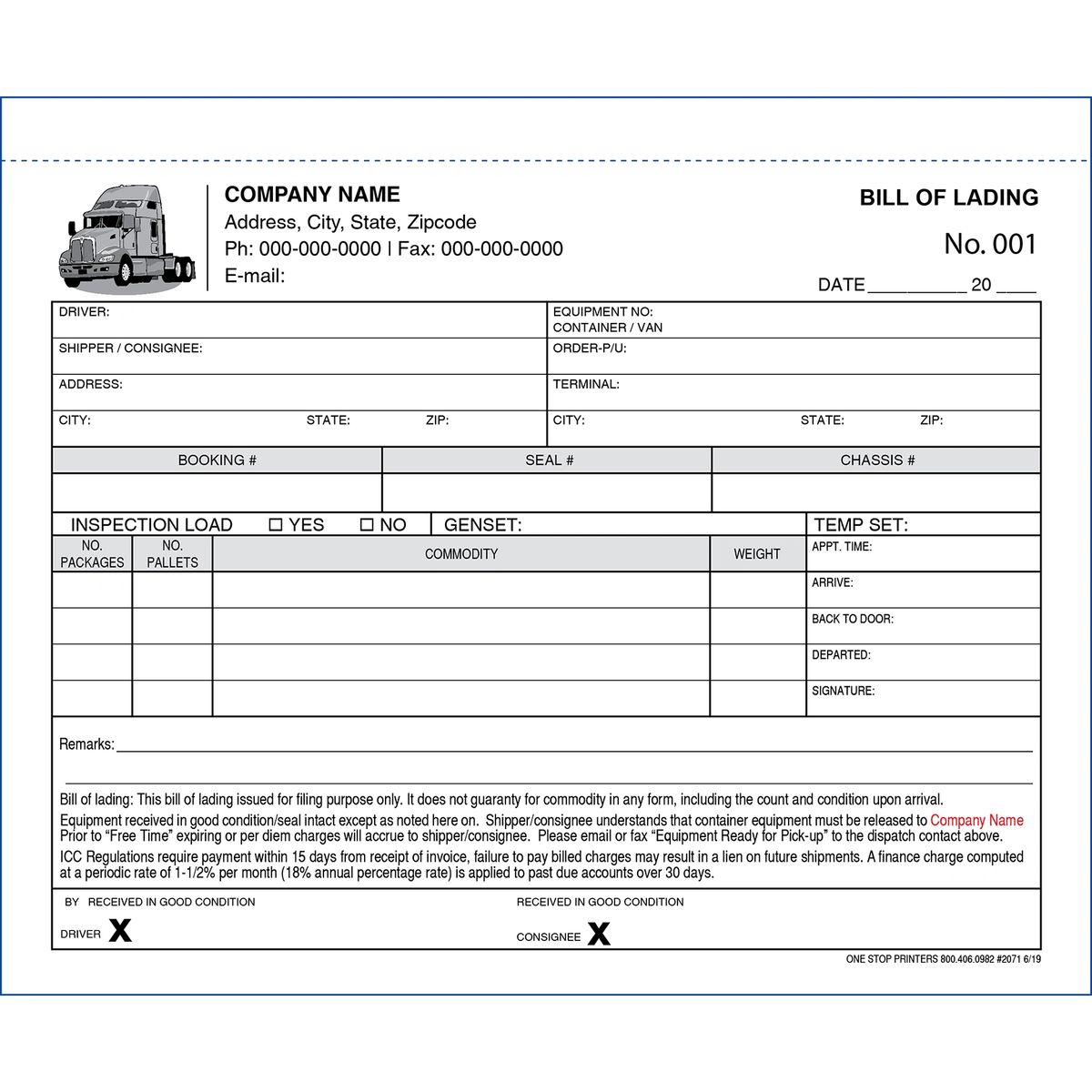 Truck Driver Detention Bill of Lading #2071