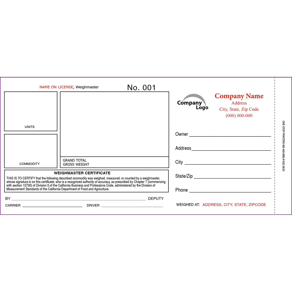 Cattle Weighmaster Certificate 1022