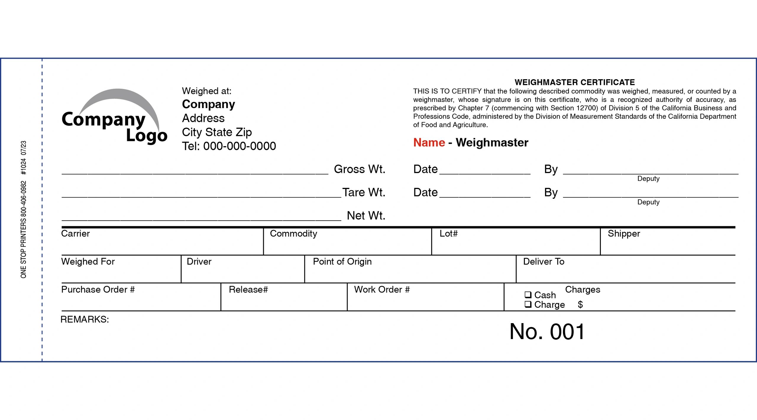 Weight Note Document Weighmaster Certificate for Moving and Storage Companies