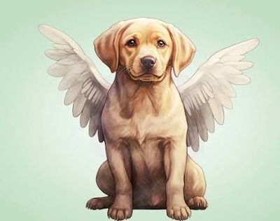 A Labrador puppy with angel wings sitting calmly.