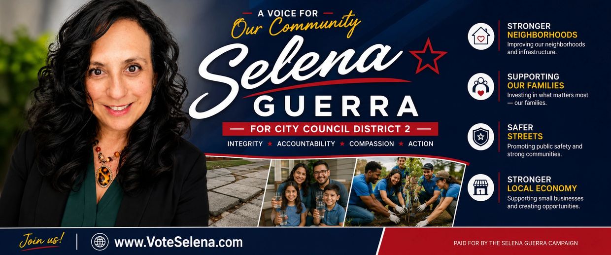 Campaign poster for Selena Guerra running for City Council District 2.