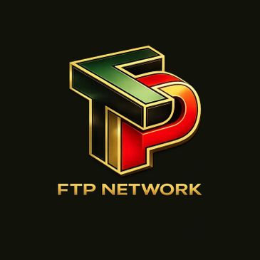 Gold and red FTP Network logo on black background.