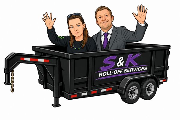 Two people waving from a black trailer with company branding.