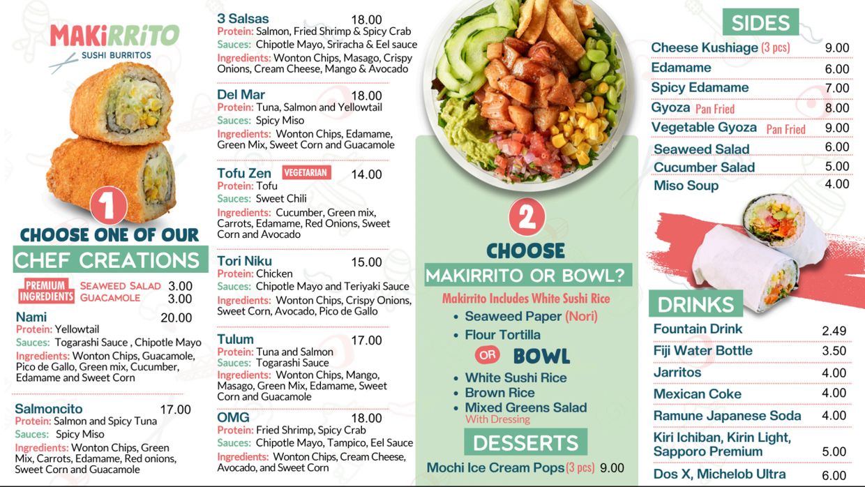 Menu showcasing sushi burritos, bowls, sides, and drinks with prices and ingredients.
