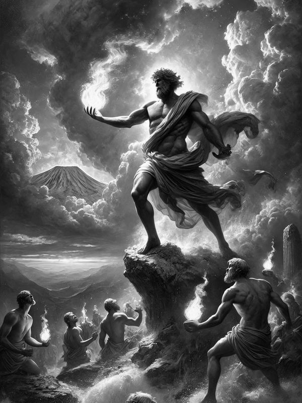 Mythical god holding a swirling flame in his hand against a cloudy sky.