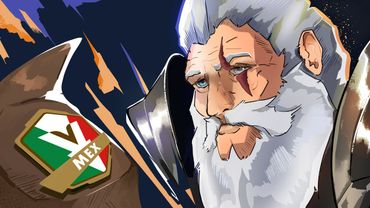 A wise, armored old man with a white beard and scars.