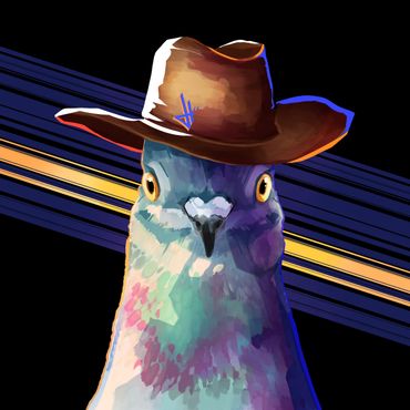 A colorful pigeon wearing a brown cowboy hat against a dark background.