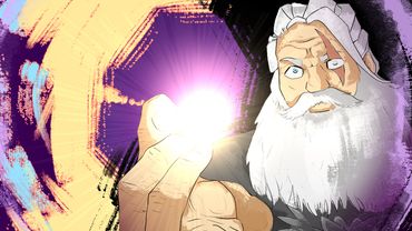 An elderly man with a white beard holding a glowing light in his hand.