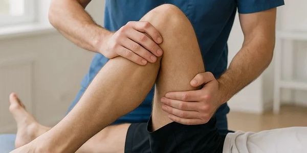 Physical therapist examining a patient's knee during therapy session.