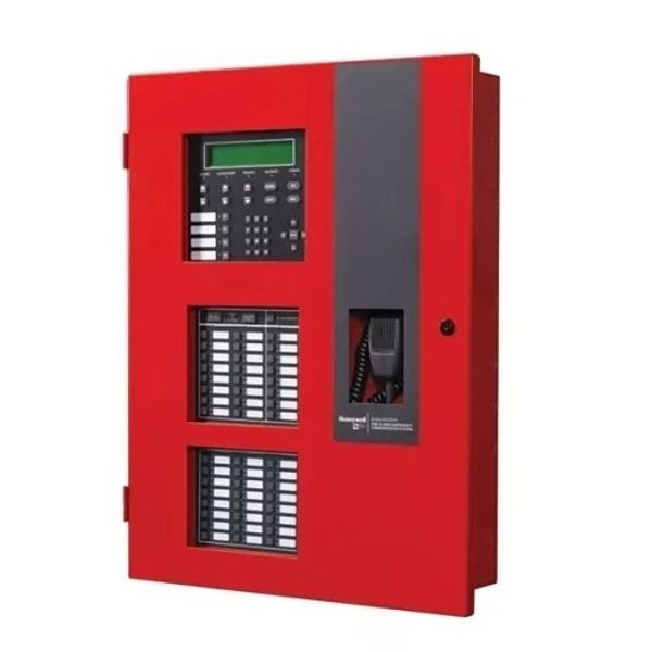 Red fire alarm control panel with keypad and microphone.