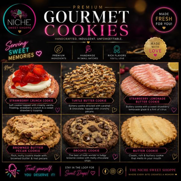 Premium gourmet cookies from Niche Sweet Shoppe with six delicious flavors.