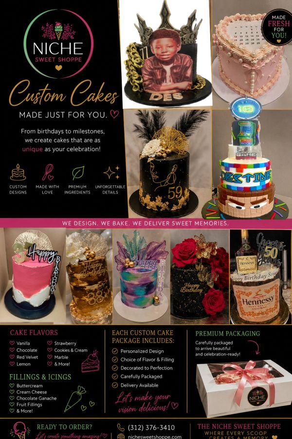 Advertisement for Niche Sweet Shoppe custom cakes with various designs and flavors.