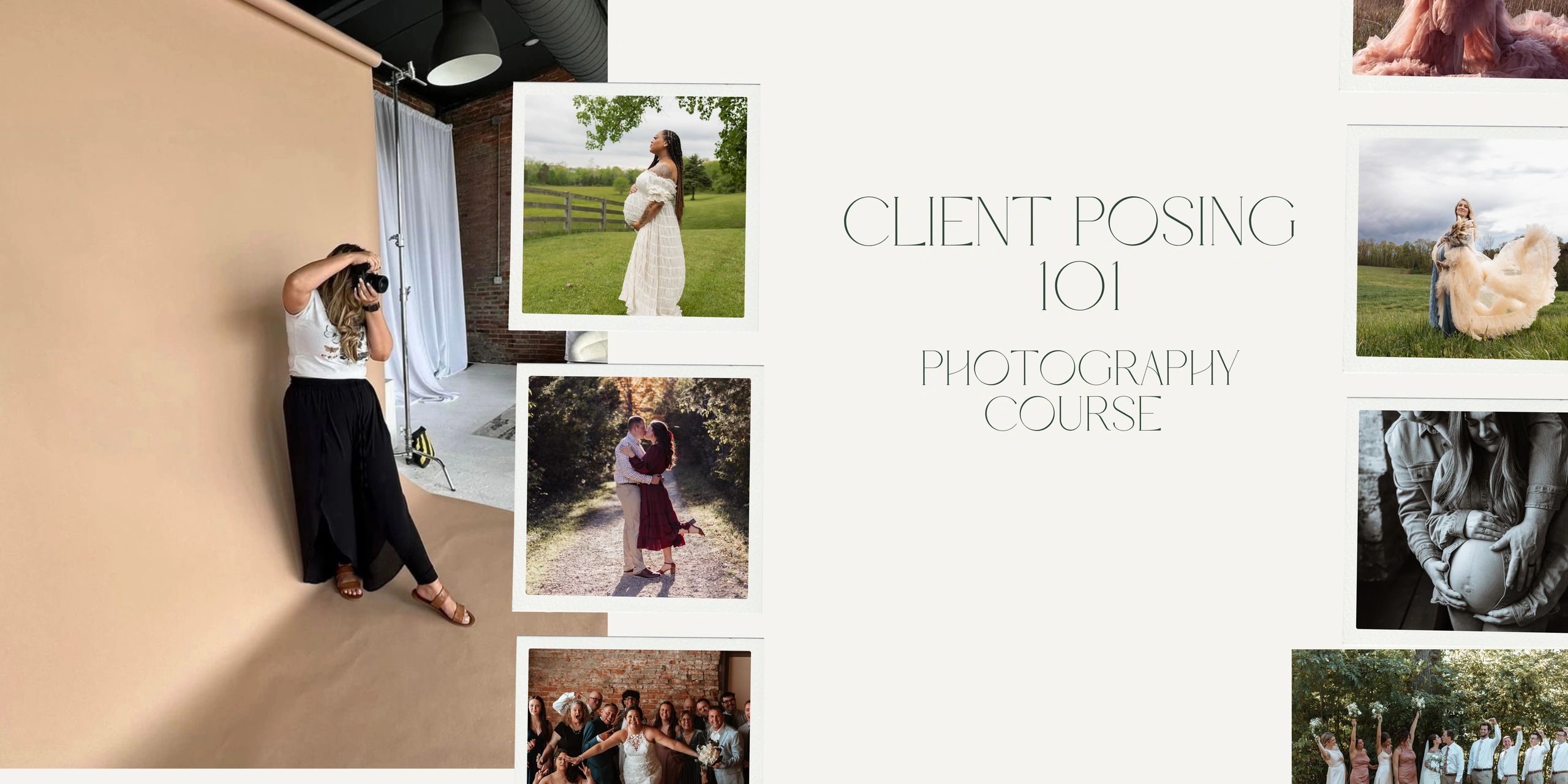 Photographer captures various client poses in a photography course.