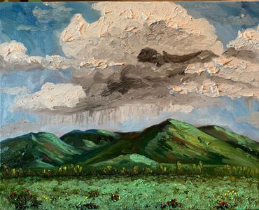 Oil painting of virga rain over a mountain range.