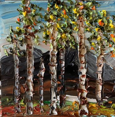 Abstract oil painting of aspen trees.