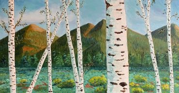 Oil painting of aspen trees in front of a mountain range.