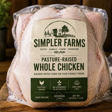 Packaged whole chicken from Simpler Farms.