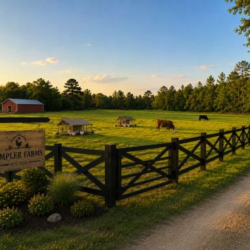 Peaceful farm scene with cows grazing at sunset.