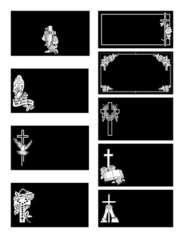 Black and white religious memorial frames and symbols.