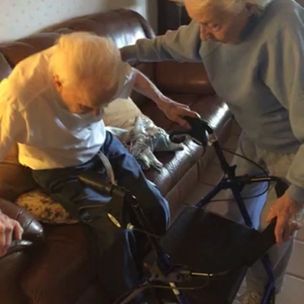 Elderly couple with cat and walker in living room.