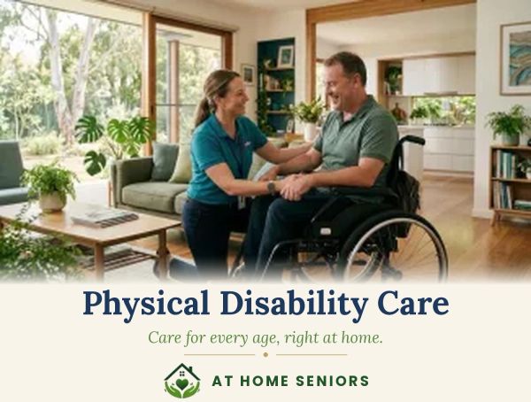 Caregiver assisting a man in a wheelchair at home.