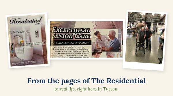 Collage showing: magazine covers and elderly care with text about Tucson.