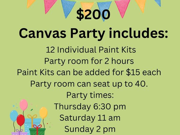 Canvas party offers 12 paint kits and 2-hour room rental for $200.