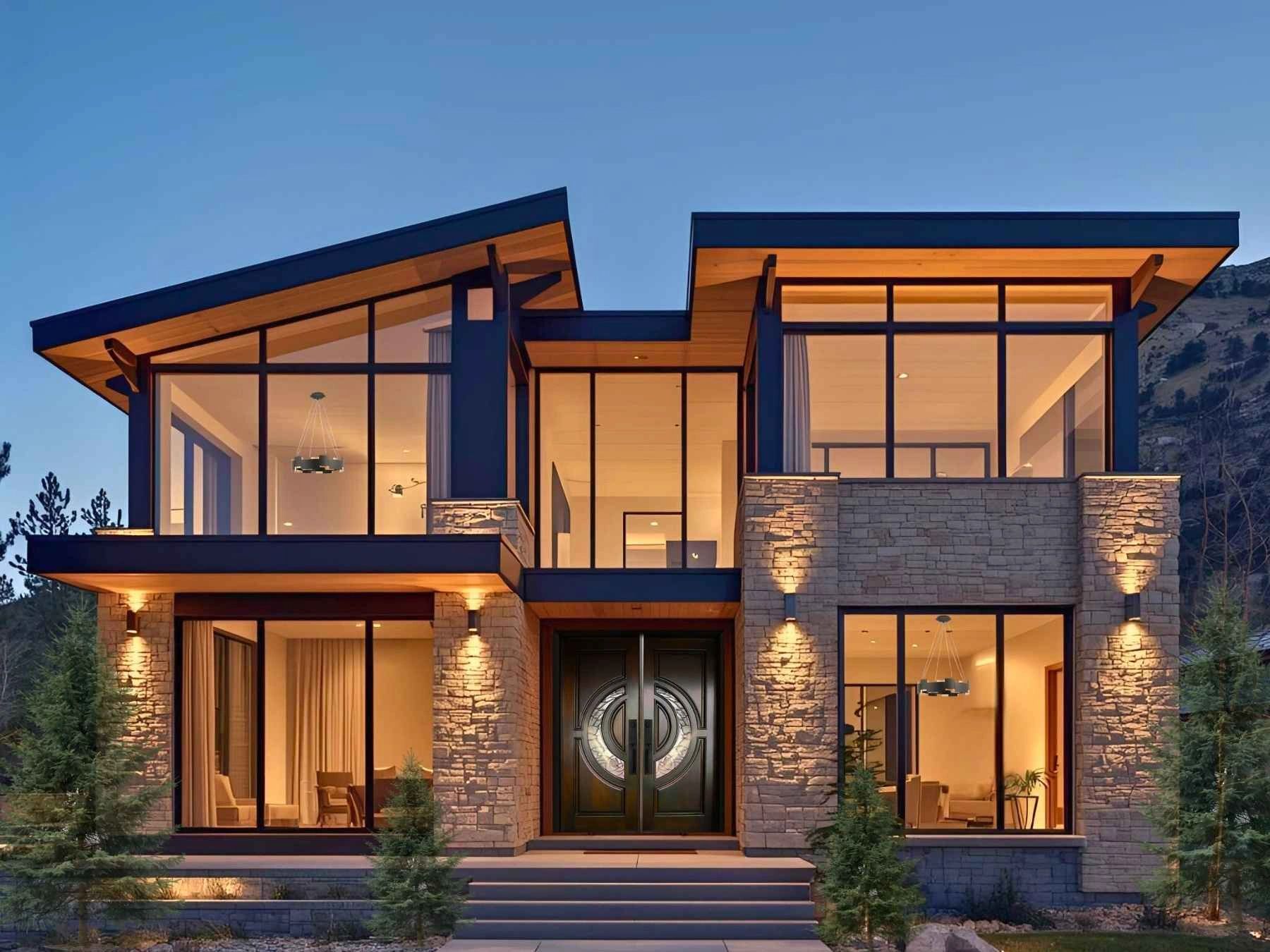 Modern mountain home exterior with exceptional architectural lighting design by Maddi Jade Designs. 