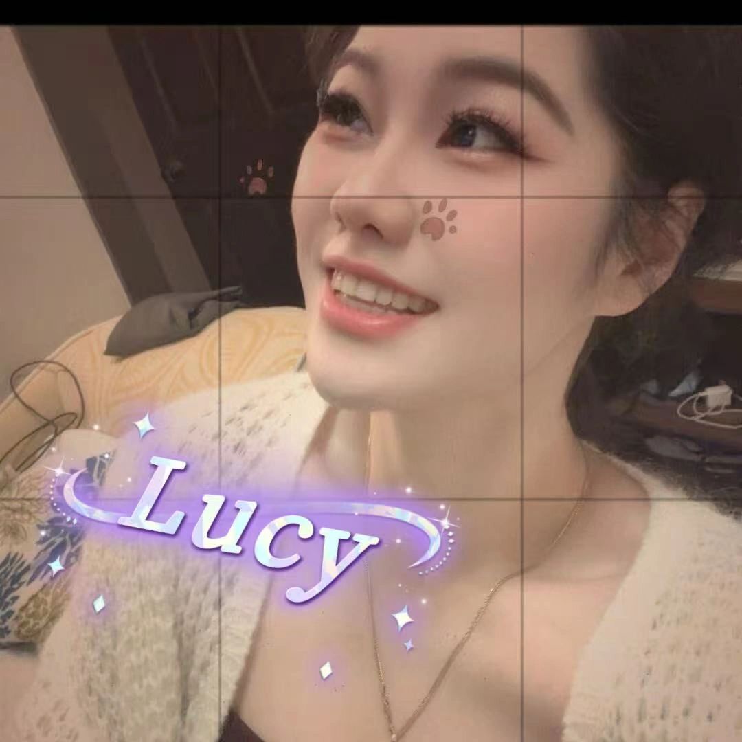 Smiling woman with cat paw filters and 'Lucy' text.