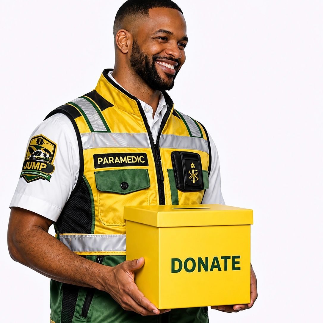 Smiling paramedic holding a yellow donation box.