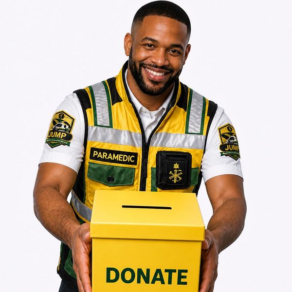 Smiling paramedic holding a yellow donation box with 'DONATE' text.