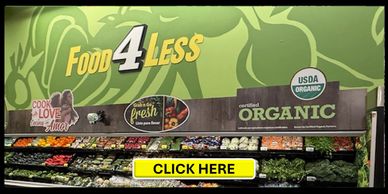 Produce section in a Food 4 Less grocery store with organic and fresh options.