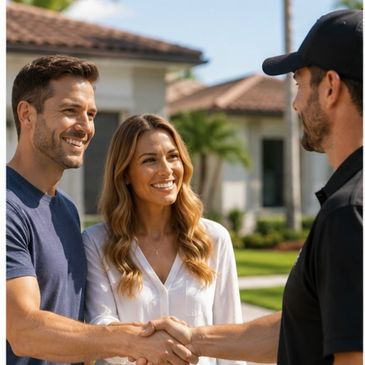 Couple shaking hands with a man outside a house.