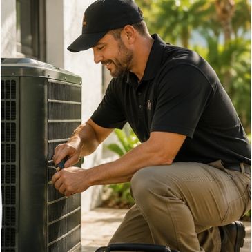 Technician repairing an air conditioning unit outdoors.