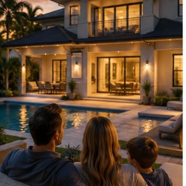 Family enjoying evening by the pool outside a modern house.