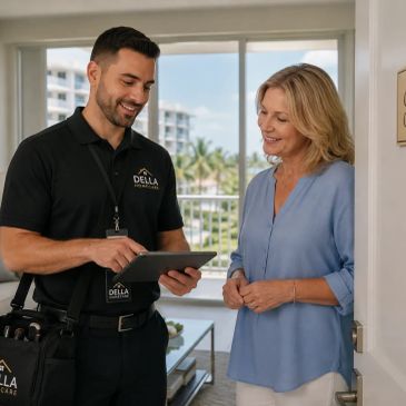 Home service professional consulting with a woman using a tablet.