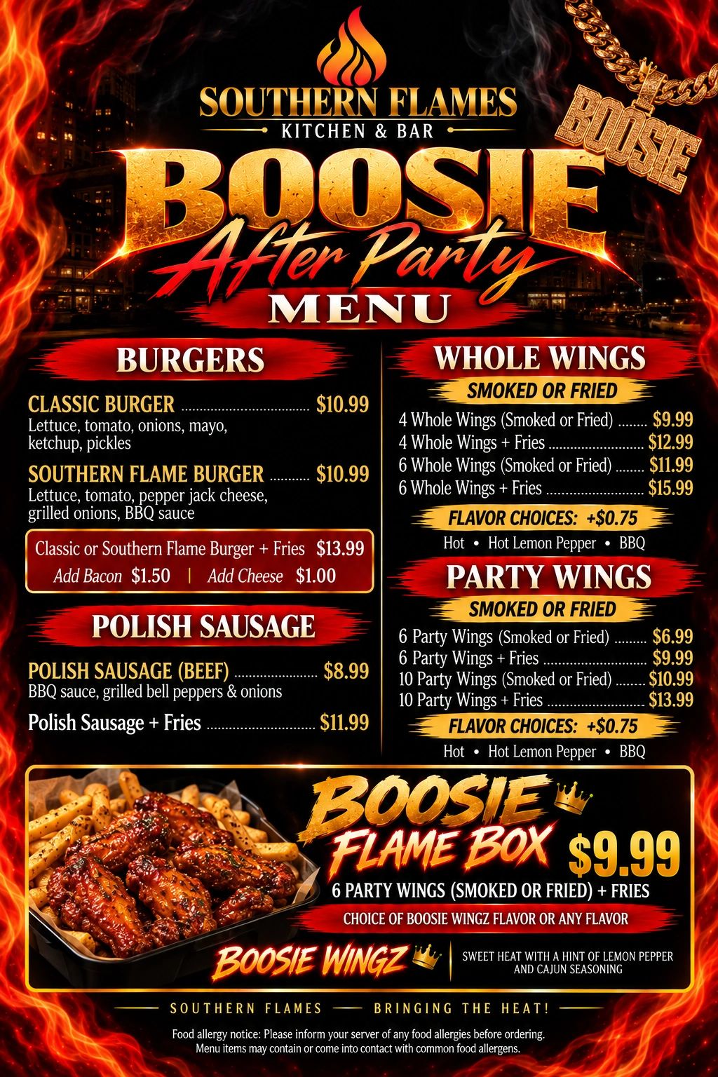 Boosie After Party menu featuring burgers, wings, and Polish sausage specials.