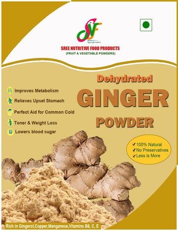Dehydrated ginger powder packaging highlighting natural benefits.