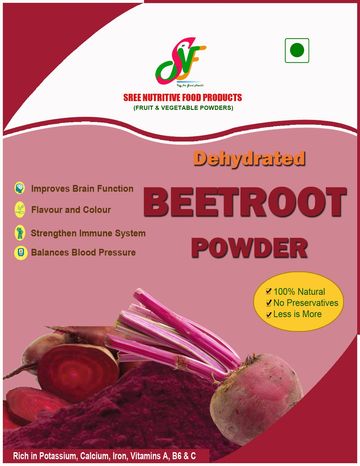 Packaging of dehydrated beetroot powder with health benefits.