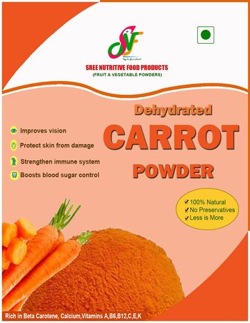 Packaging of dehydrated carrot powder with health benefits.
