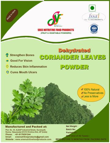 Package of dehydrated coriander leaves powder.