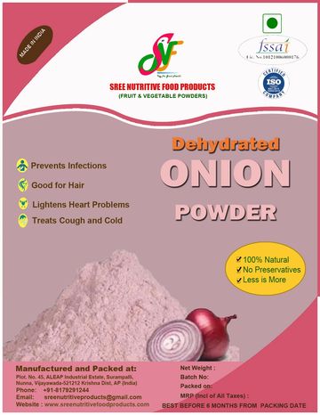 Packaging for dehydrated onion powder made in India.