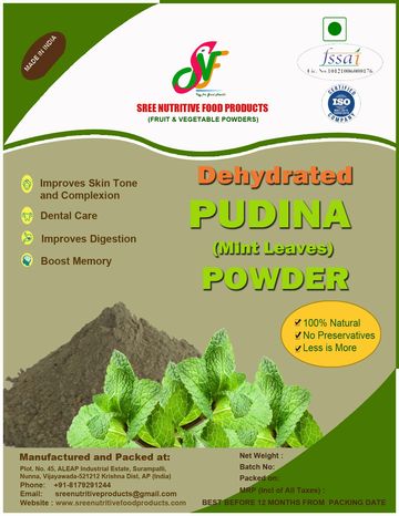 Package of dehydrated pudina (mint leaves) powder with health benefits.