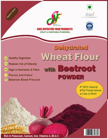 Dehydrated wheat flour with beetroot powder packaging.