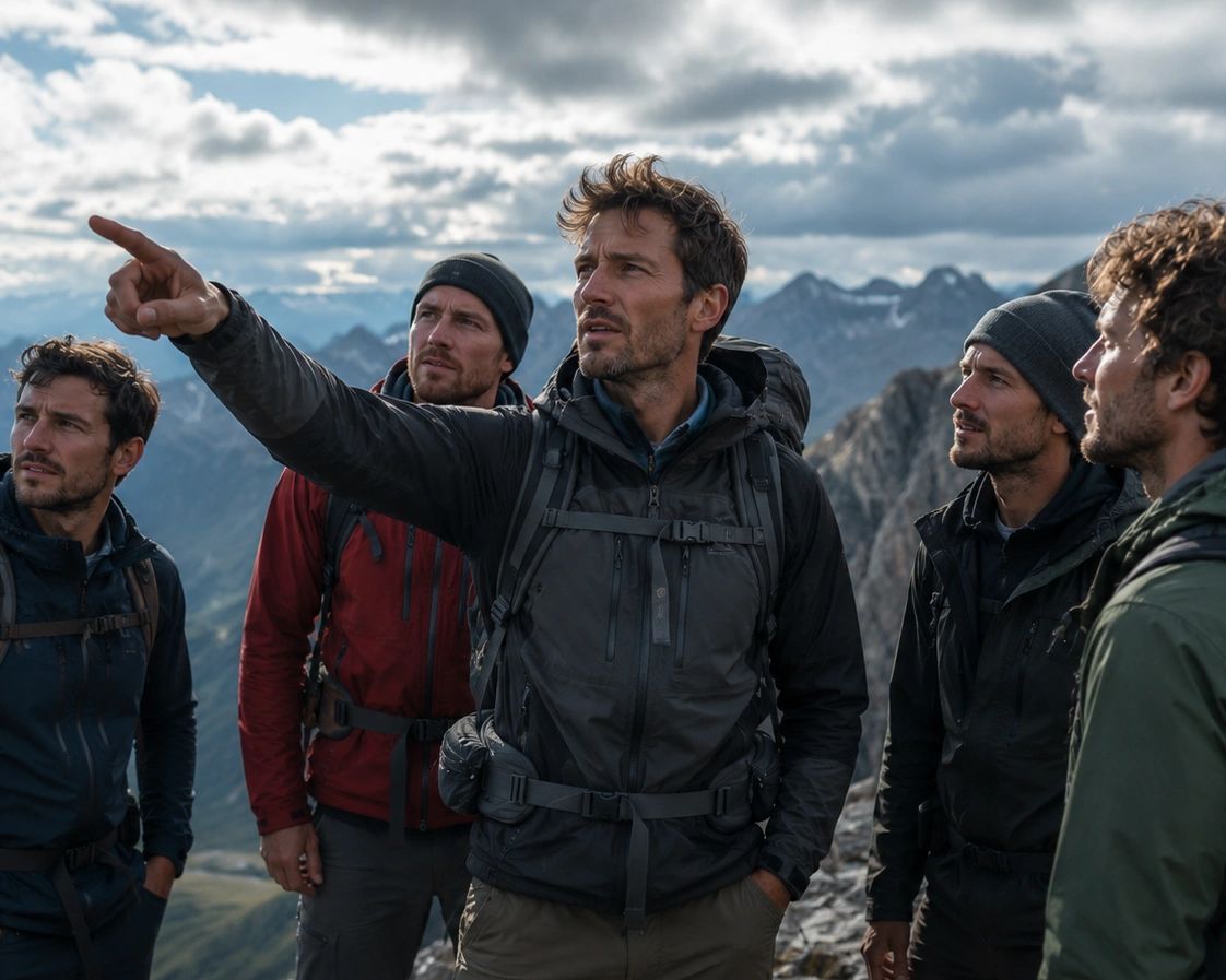 Five men in outdoor gear hiking in the mountains, one pointing ahead.