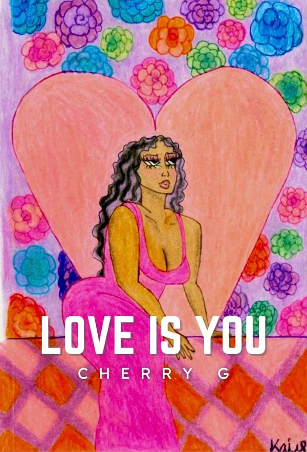 Colorful drawing of a woman in pink with heart and flowers background.