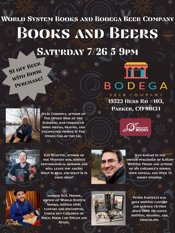 Books and Beers event on 7/26 with authors and discounts at Bodega Beer Company.