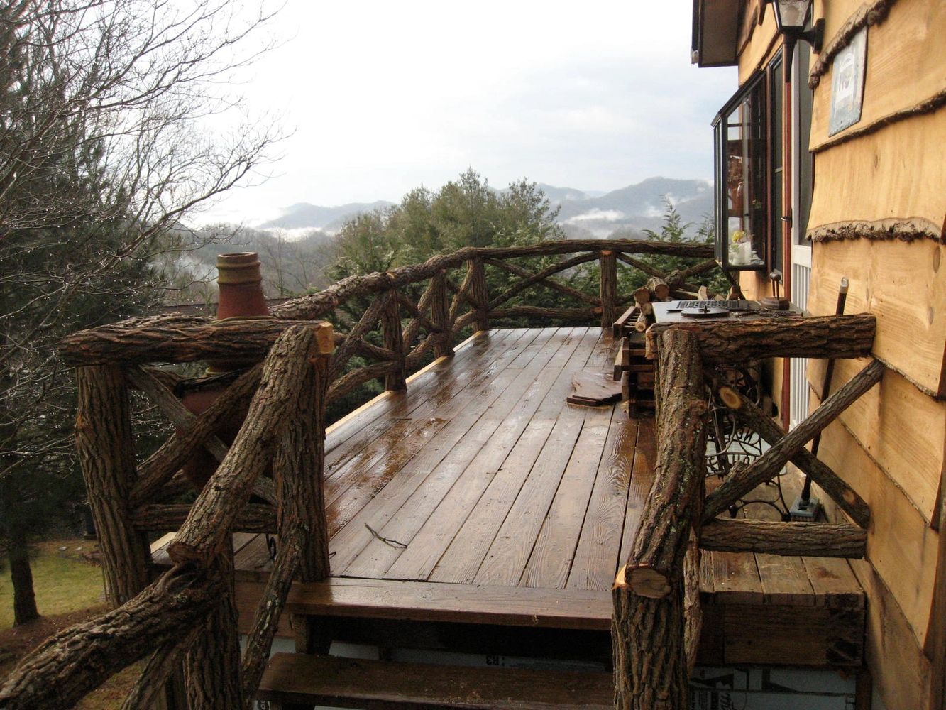 Locust railing on mountain home.