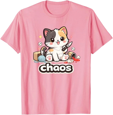 Kawaii chaos cat cartoon shirt design with cute dark humor and bold chibi style
